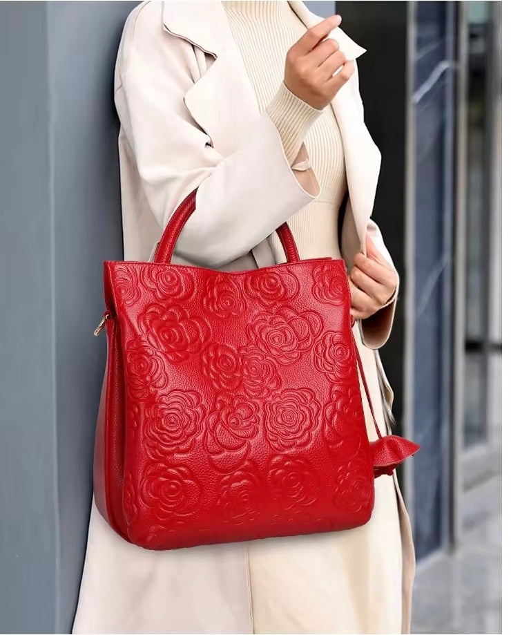 Genuine Leather Rose Embossed Leather Bag