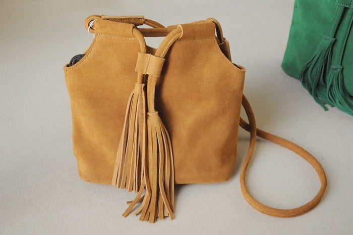 Fringed Drawstring Bucket Bag In Frosted Cowhide Suede Leather