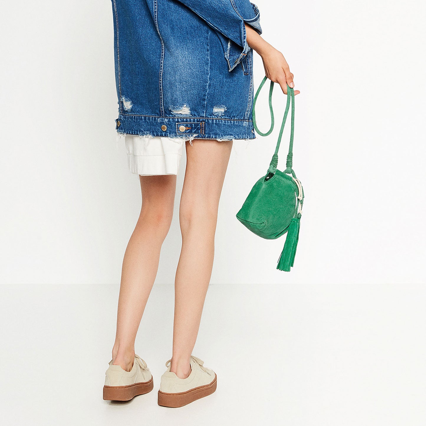 Fringed Drawstring Bucket Bag In Frosted Cowhide Suede Leather