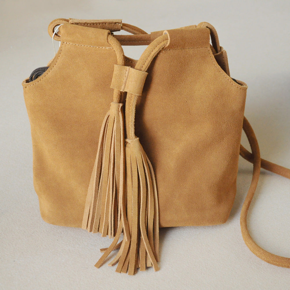 Fringed Drawstring Bucket Bag In Frosted Cowhide Suede Leather