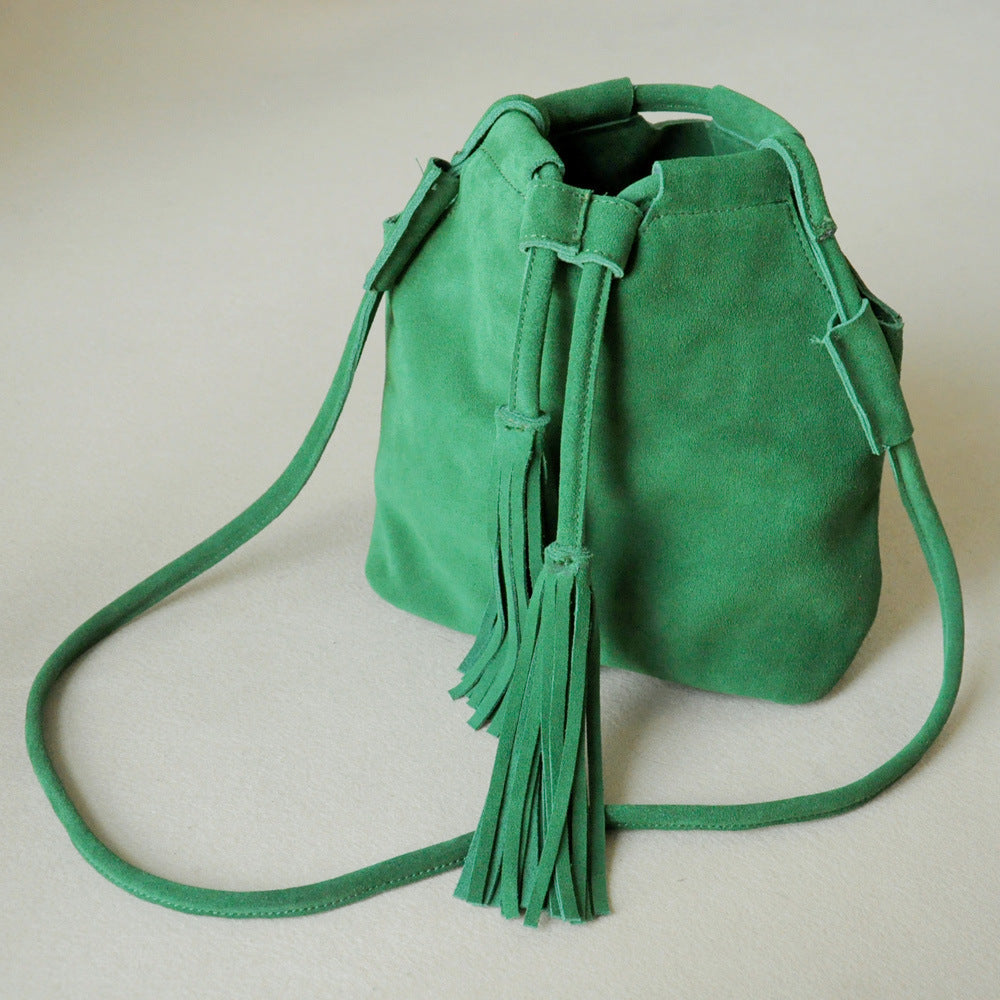 Fringed Drawstring Bucket Bag In Frosted Cowhide Suede Leather