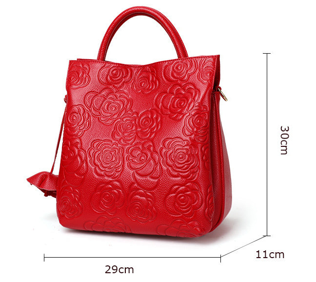 Genuine Leather Rose Embossed Leather Bag