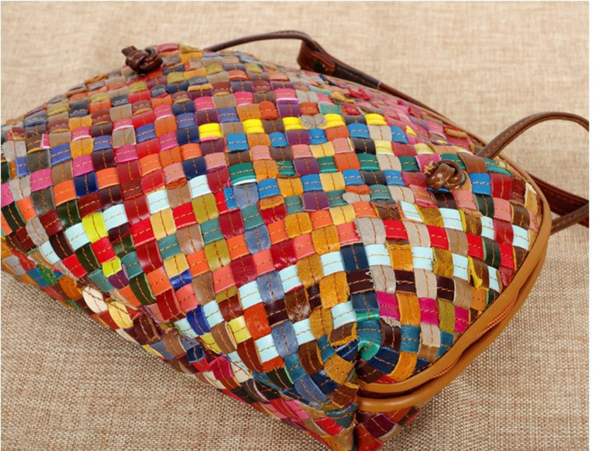 Genuine Leather Woven bag with colorful stripes