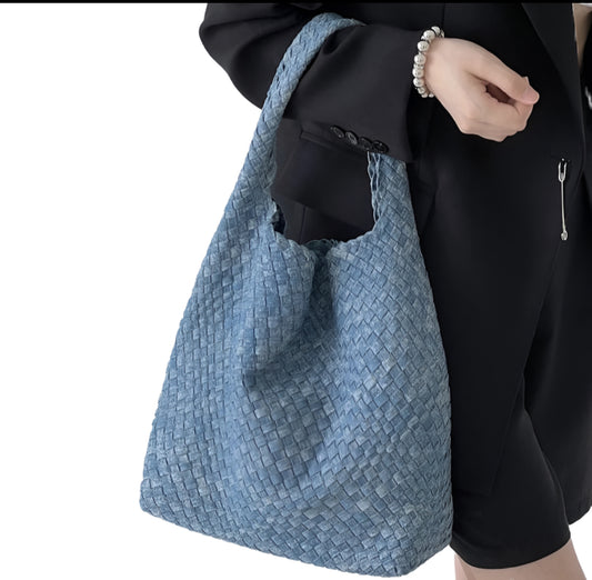 Luxury Woven Tote Bag, Denim Leather Hobo Bag