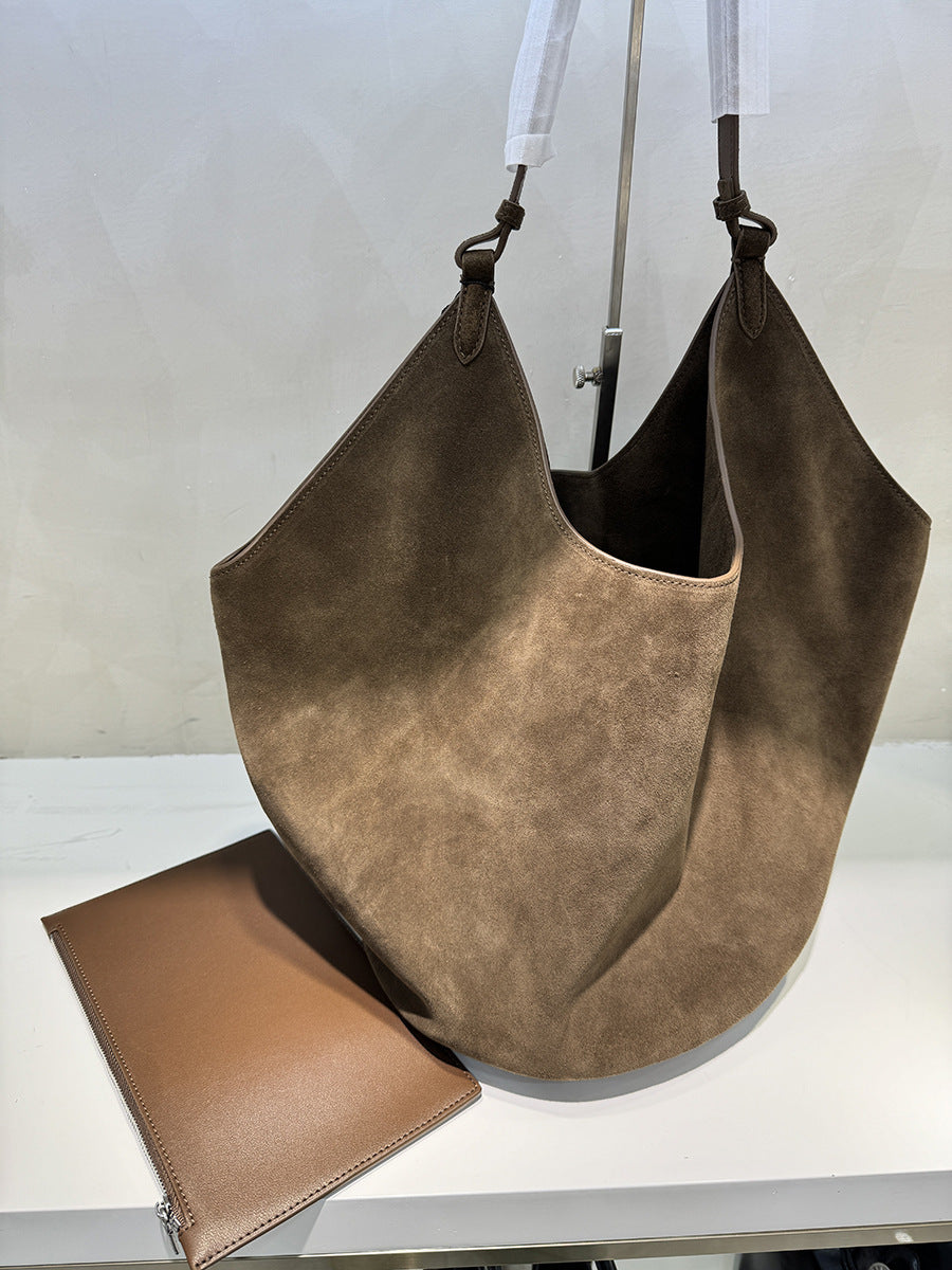 Frosted Cowhide Bucket Bag Large Capacity Genuine Leather