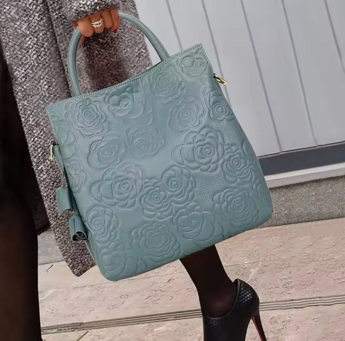 Genuine Leather Rose Embossed Leather Bag