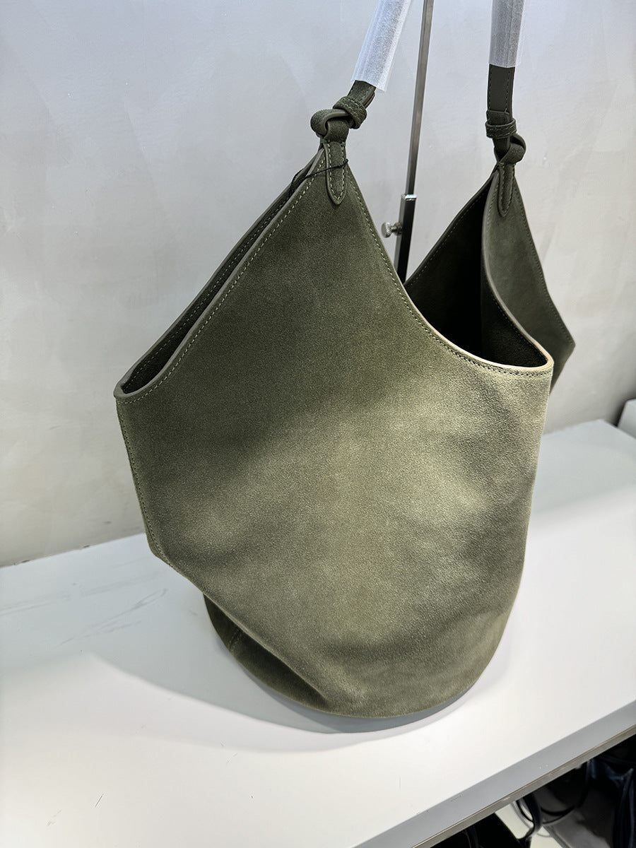 Frosted Cowhide Bucket Bag Large Capacity Genuine Leather