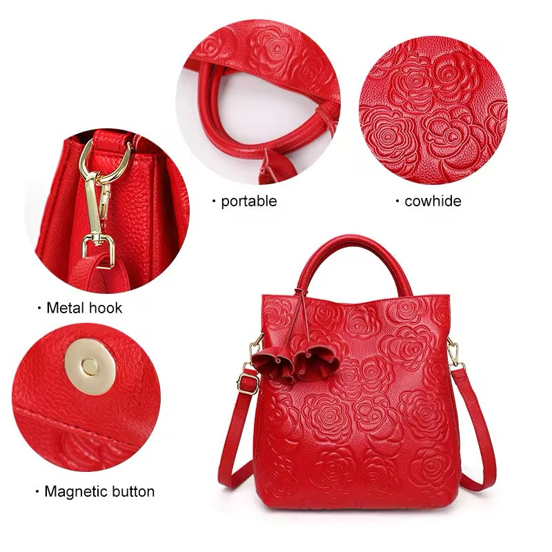 Genuine Leather Rose Embossed Leather Bag