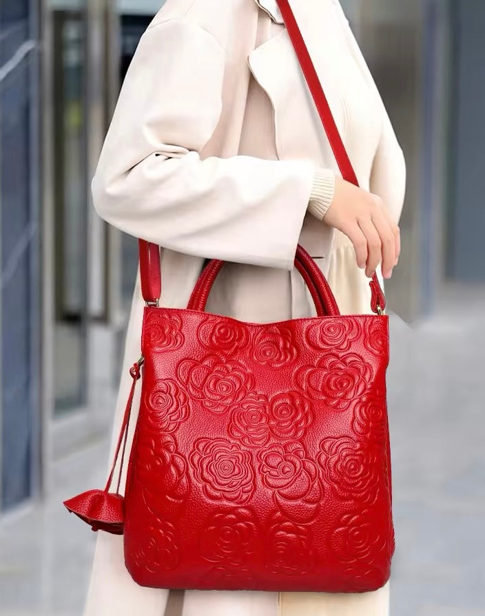 Genuine Leather Rose Embossed Leather Bag