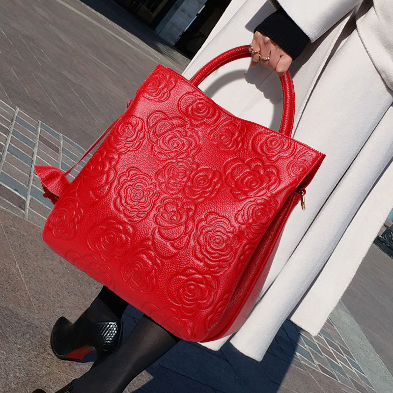 Genuine Leather Rose Embossed Leather Bag