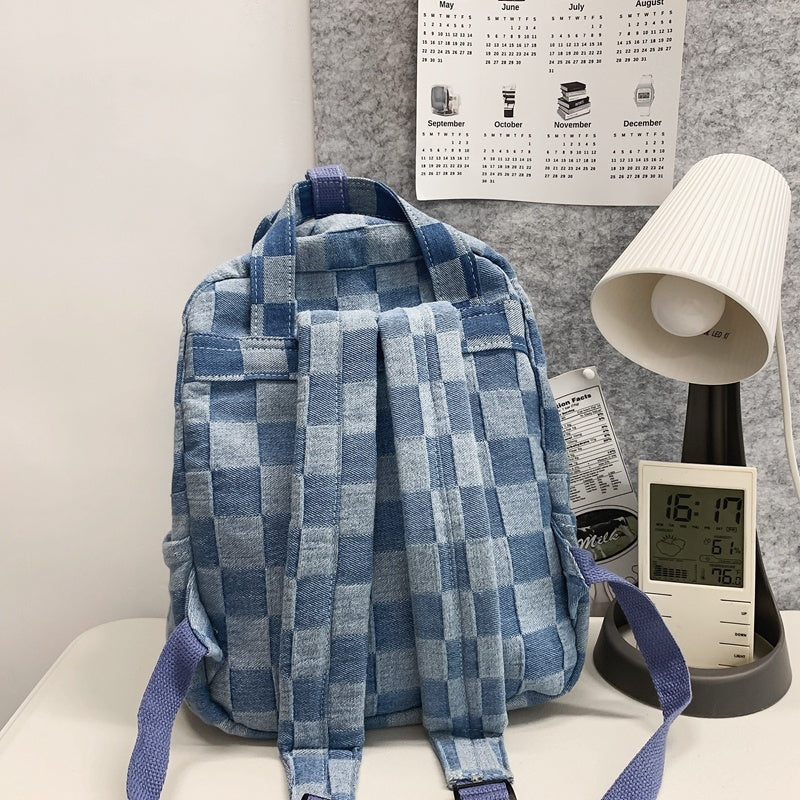 Women's Canvas Denim Plaid Backpack