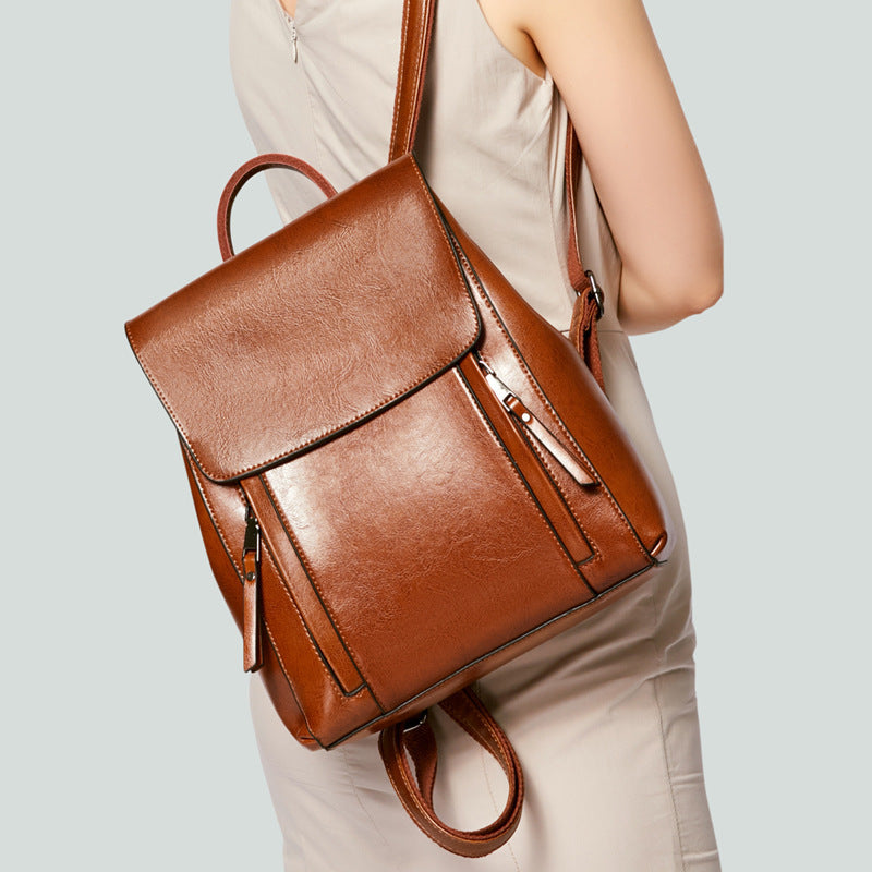 Genuine Leather Handbags Fashion Oil Wax Cowhide Backpack Ladies School Bag