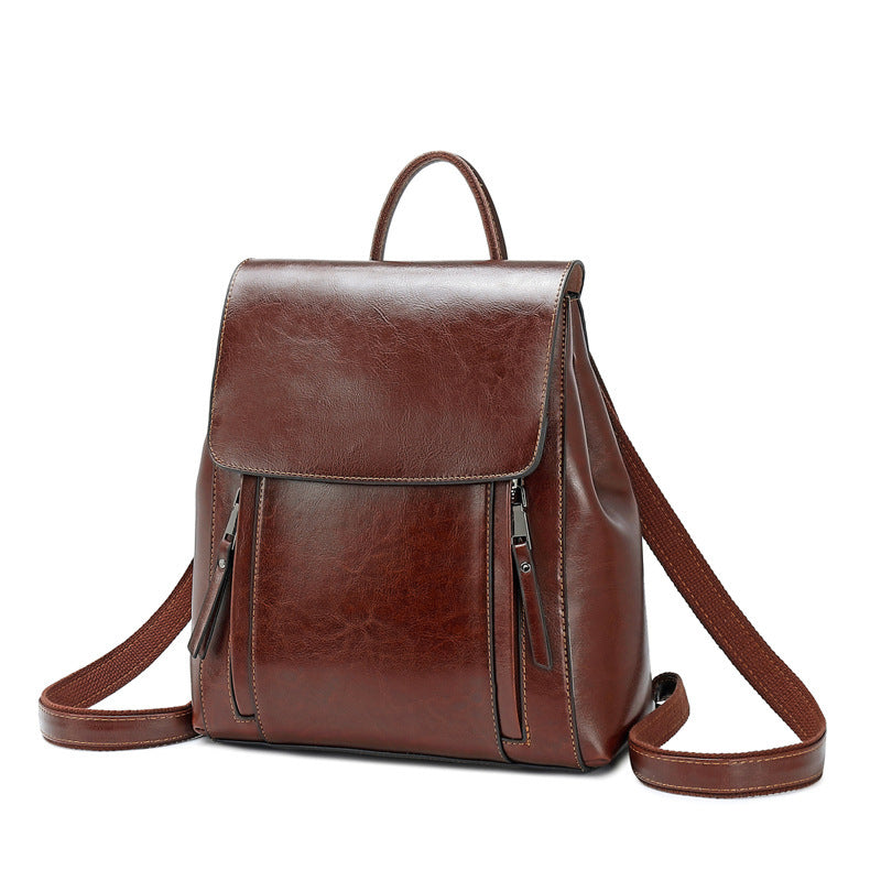 Genuine Leather Handbags Fashion Oil Wax Cowhide Backpack Ladies School Bag