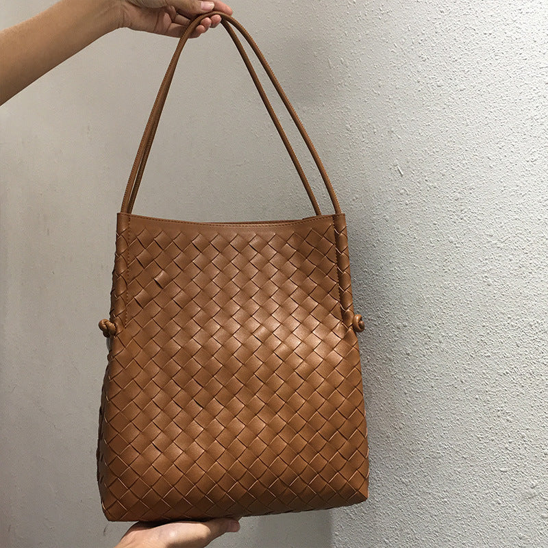 Cowhide woven bag female 2023 new Korean version of the tide one shoulder fashion everything large capacity underarm bag for mother and daughter - HauteMadeStudio