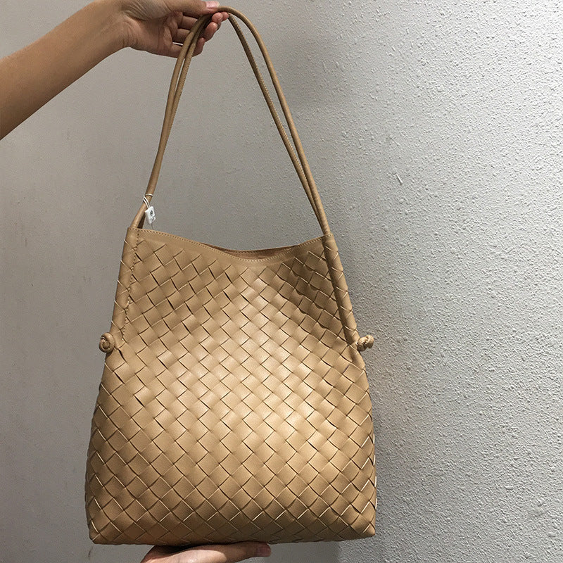 Cowhide woven bag female 2023 new Korean version of the tide one shoulder fashion everything large capacity underarm bag for mother and daughter - HauteMadeStudio